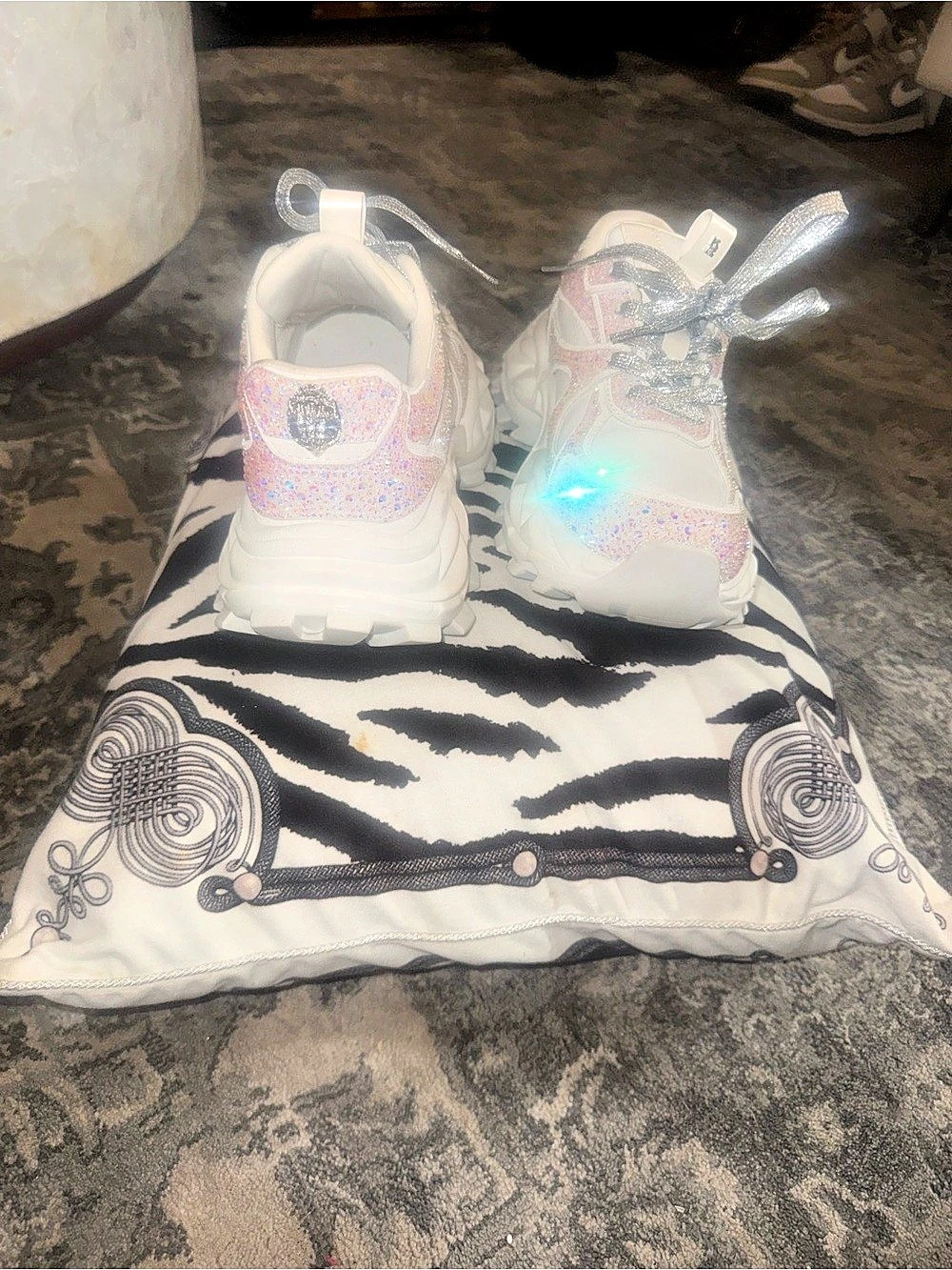 Kurt Geiger London Embellished Platform Sneakers in White & Silver